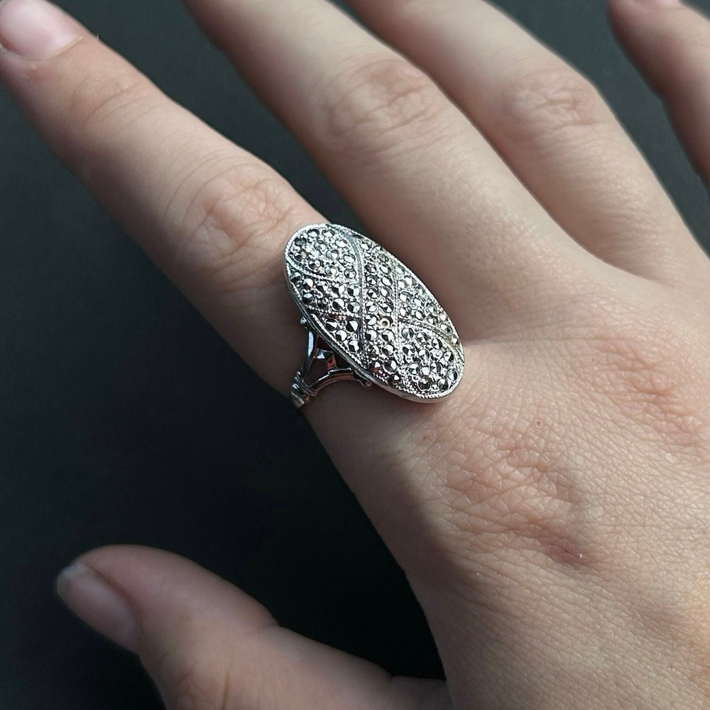 Vintage 925 Sterling Silver & Marcasite Oval Statement Ring Size 7.25 SterTheda